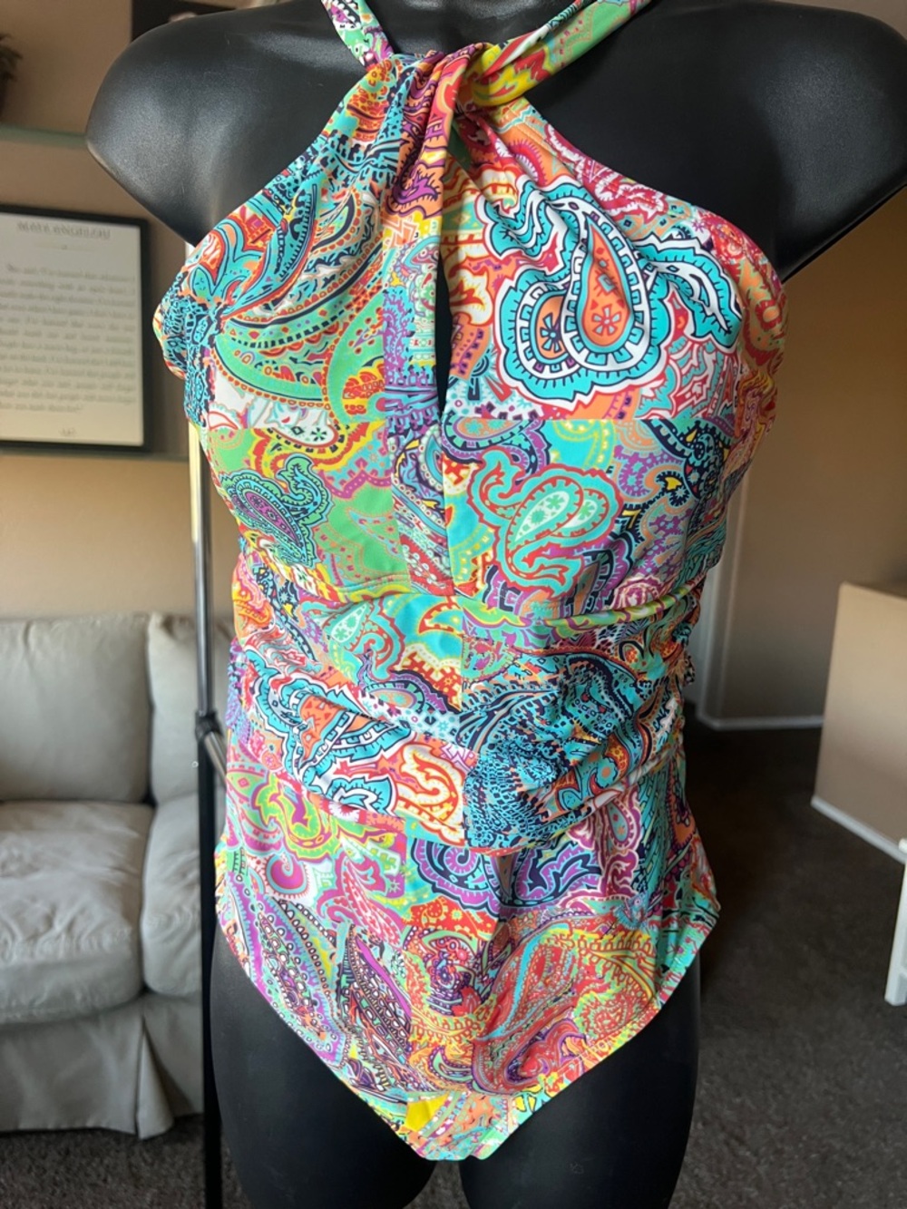 Bleu Rod Beattie Multicolor Paisley Halter One-Piece Swimsuit